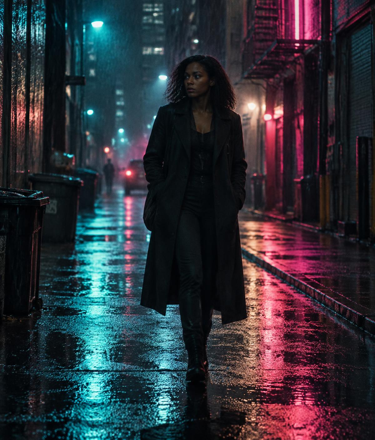 A lone woman walking through a rain-lit city alley